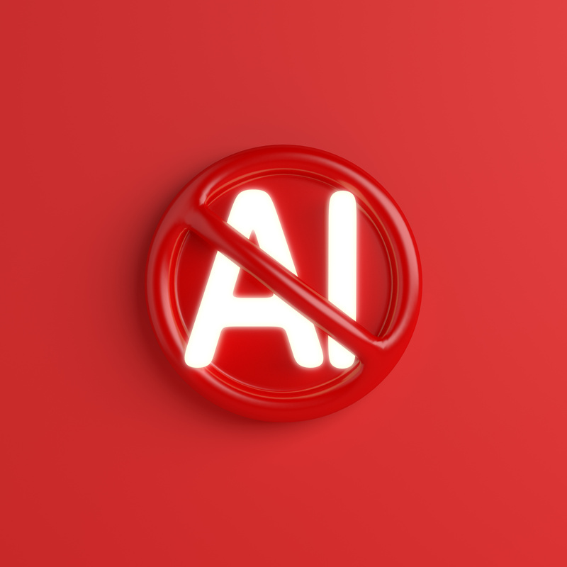No AI sign with neon light on red background, Protest against AI,